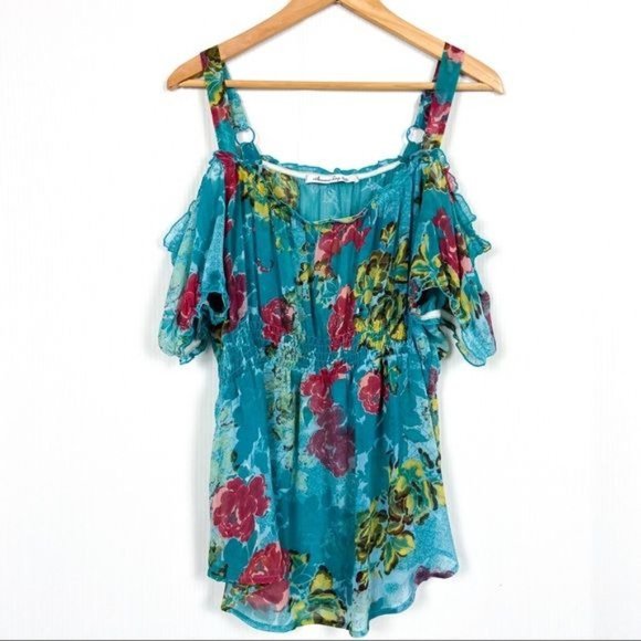 American Rag Off the Shoulder Floral Blouse Size Small Teal Green Blue - Picture 7 of 7